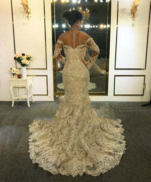 Women's Open Heart Full Sleeves Mermaid Bridal Wedding Dresses